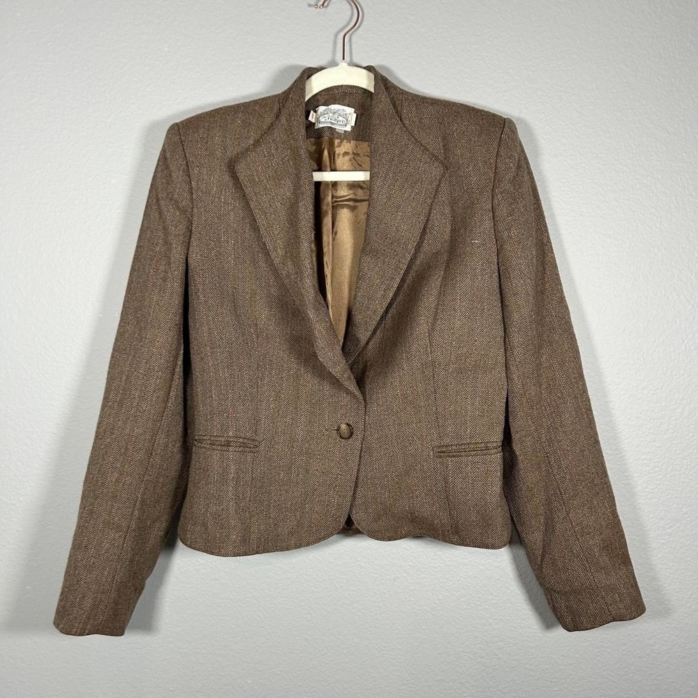 Vintage 70s The Villager Brown Herringbone Tweed Blazer Womens 10 Business